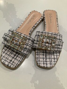 White & Black Tweed Slide Mules with Jewel Buckle